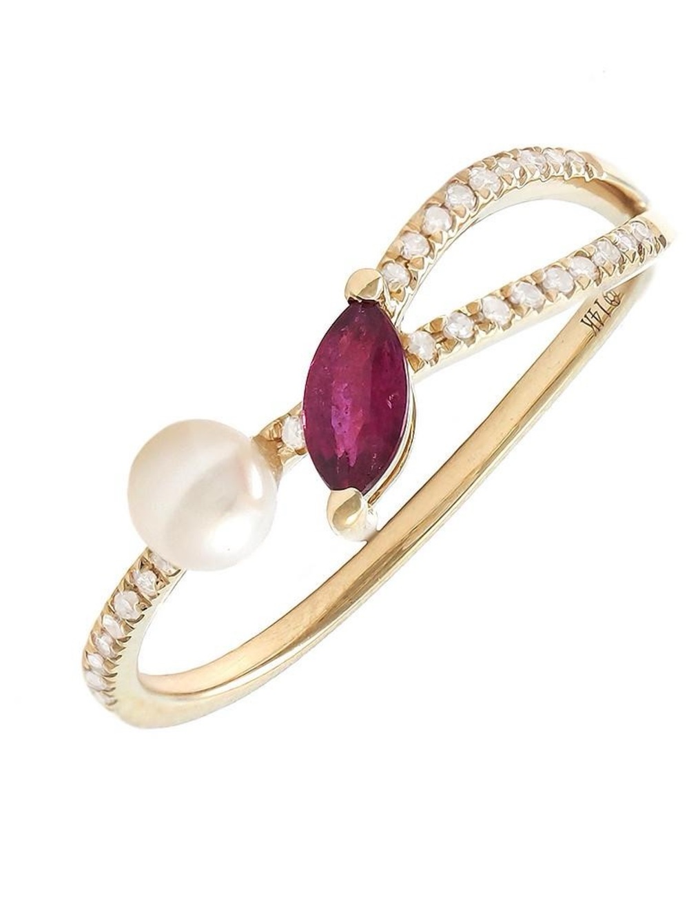 14K Real Solid Yellow Gold Natural Marquise Pearl & Ruby Ring Size 6.5